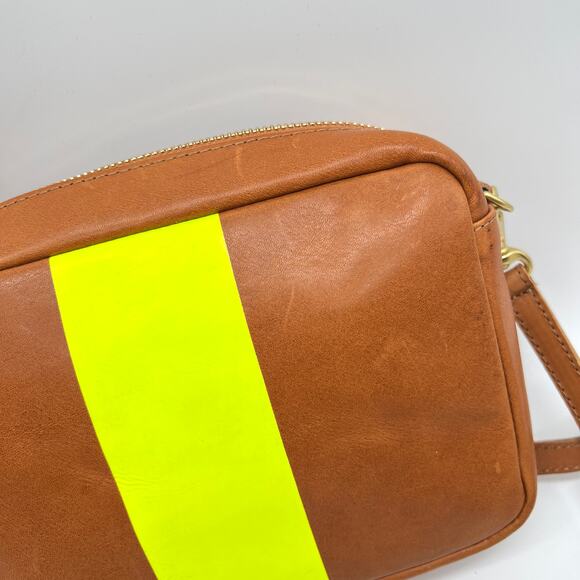 CLARE V Midi Sac Tan Nappetto Stripe Leather Crossbody Bag Women Neon Yellow NEW - Picture 10 of 16
